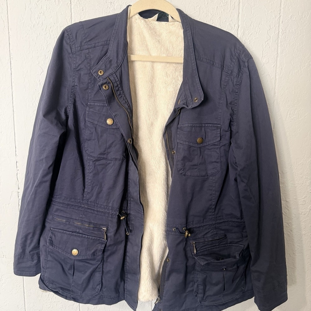 LL Bean Jacket Womens Large Blue Sherpa Lined Utility Coat Outdoor Gorpcore XL P